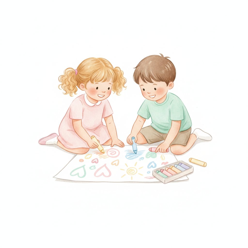Two children sharing crayons and drawing together on one sheet
