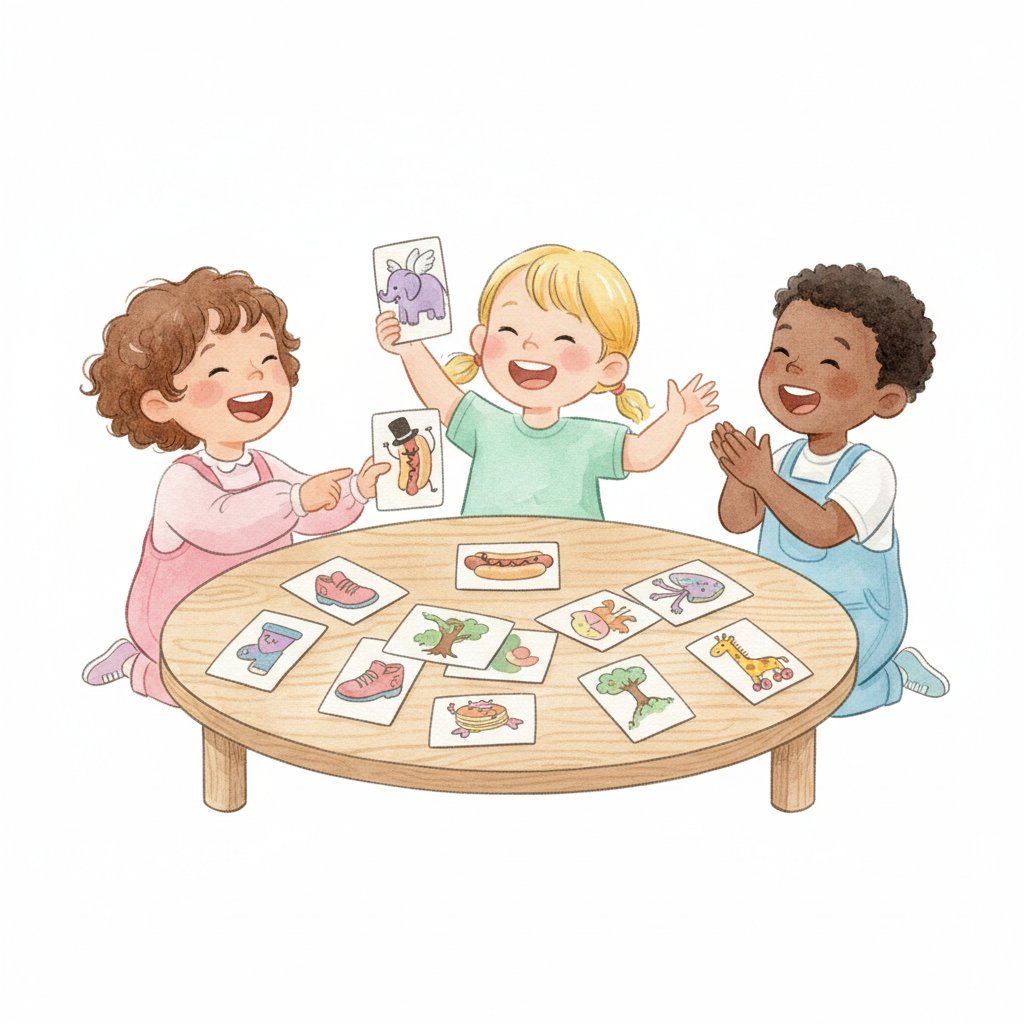 Children making up a story together with picture flashcards