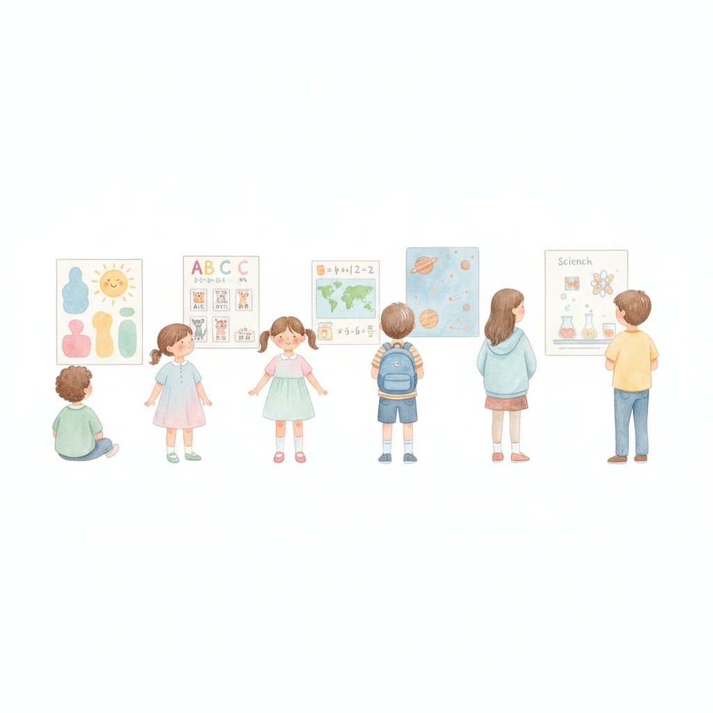Children of ascending ages each beside age-appropriate wall posters