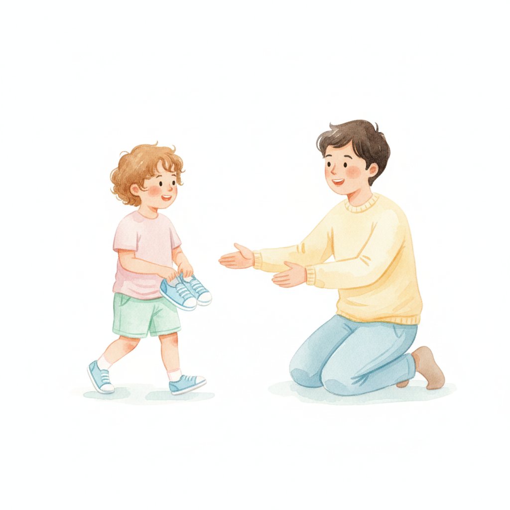 A child carrying shoes to a parent, following a simple instruction