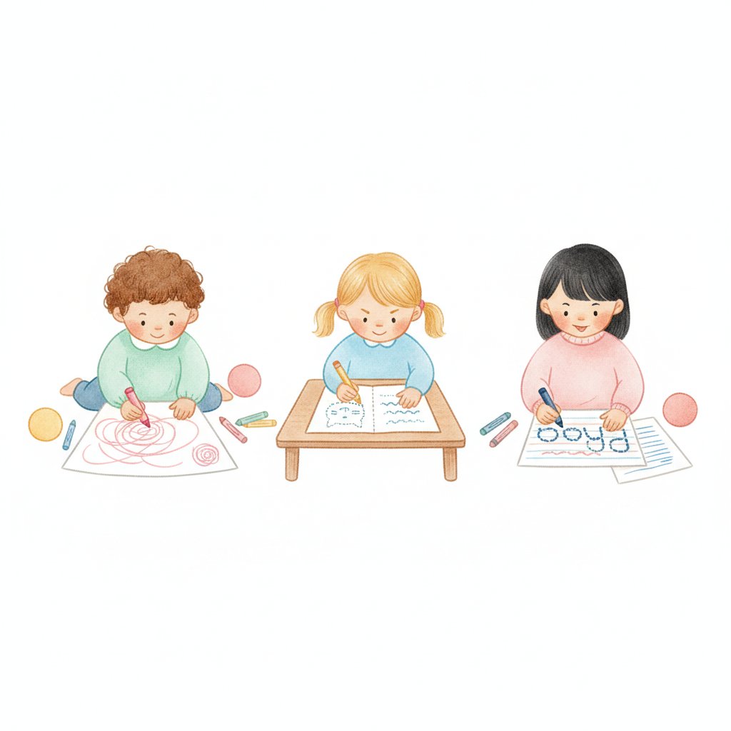 Children at different early writing stages scribbling tracing and forming words