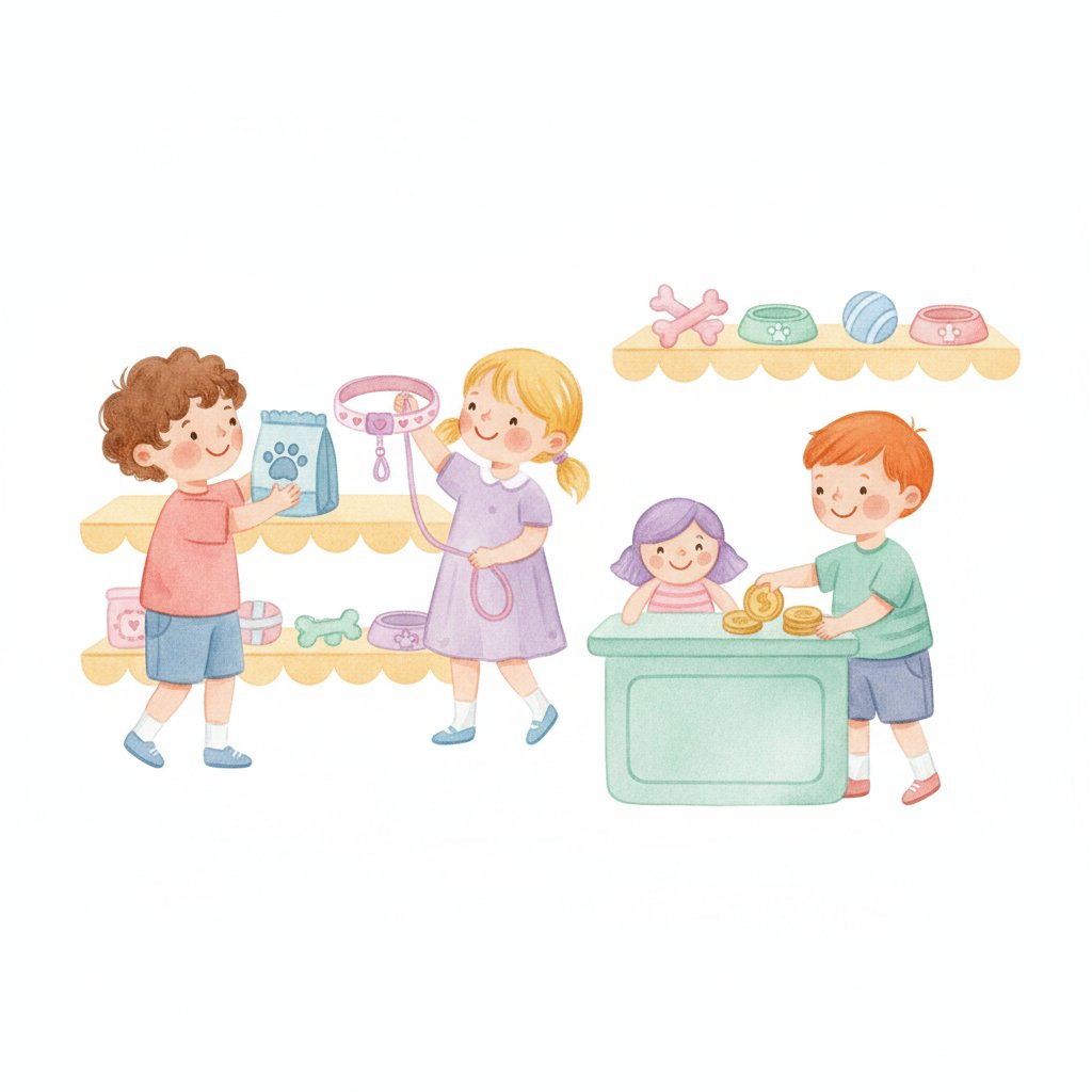 Watercolor illustration of children playing pet supply store, choosing pet food and collars and paying with pretend coins