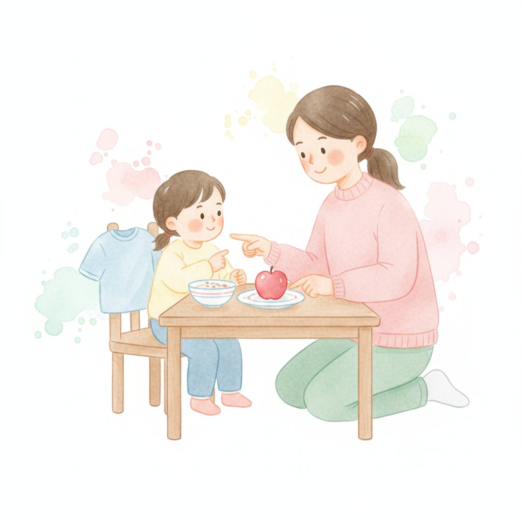 Parent and child chatting about colours during a daily routine at the table