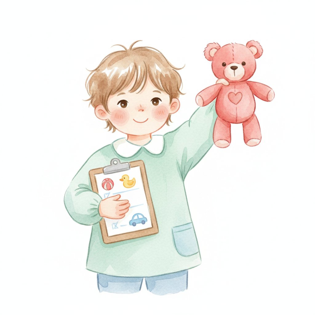 A young child holding a clipboard picture list and proudly holding up a found toy
