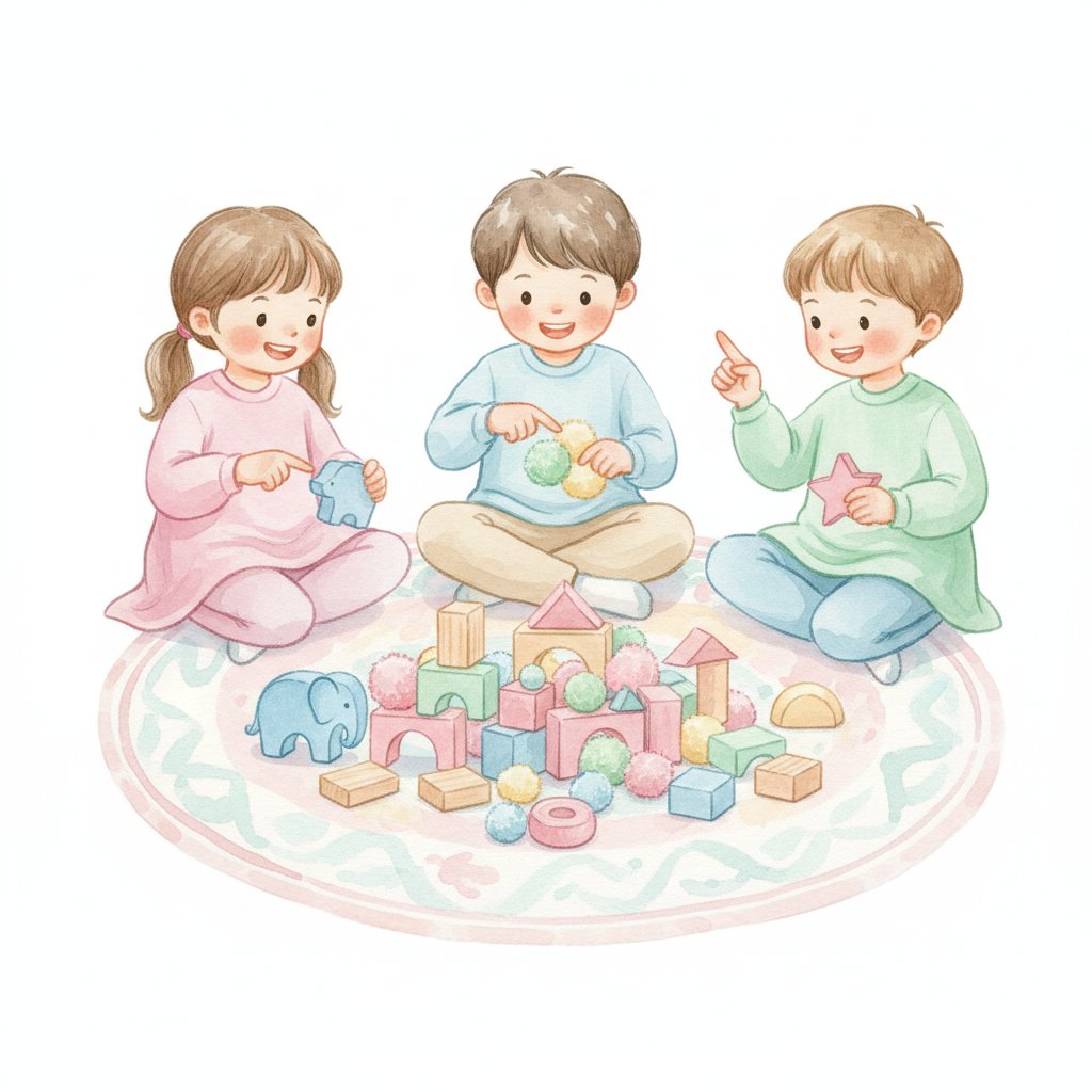 Preschoolers counting a pile of colorful wooden toys and pom-poms together