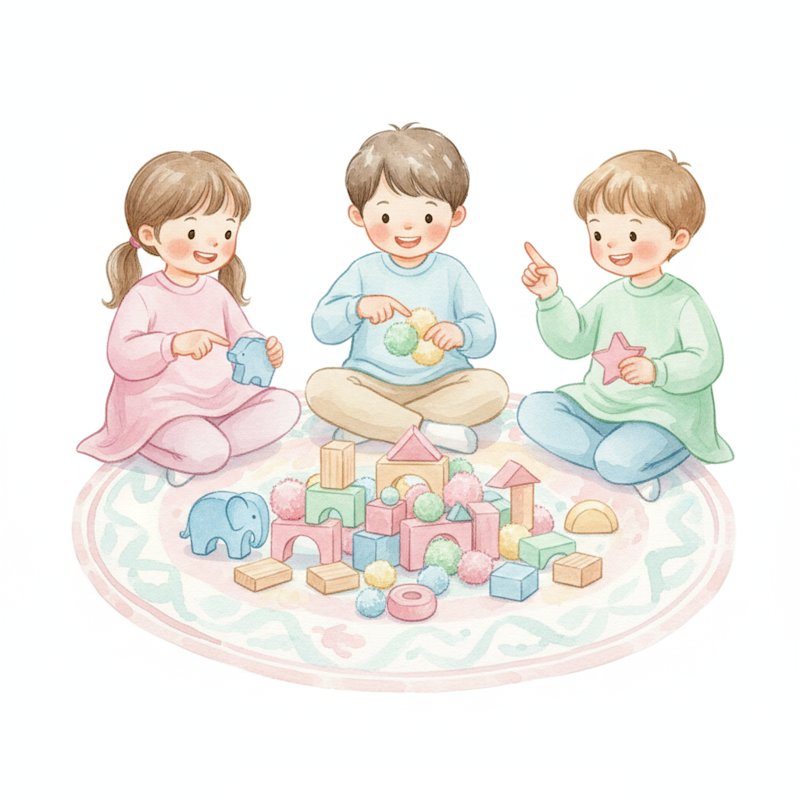 Watercolor illustration of preschoolers counting a pile of colorful wooden toys and pom-poms together
