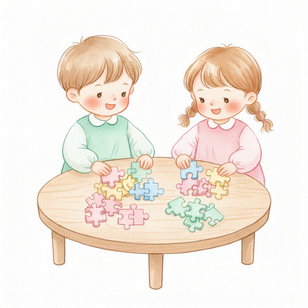 Watercolor illustration of children sorting colorful jigsaw puzzle pieces by color