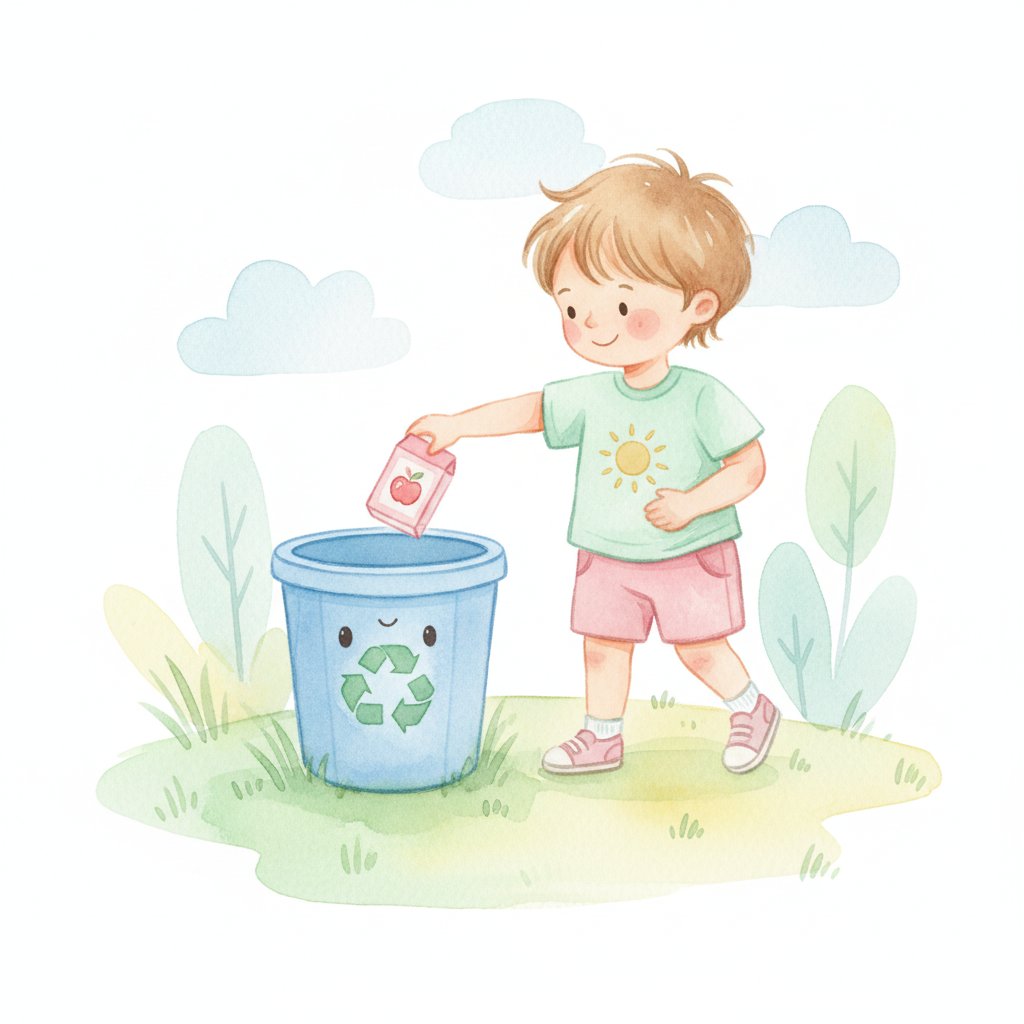 Watercolor illustration of a proud young child dropping a juice box into a blue recycling bin