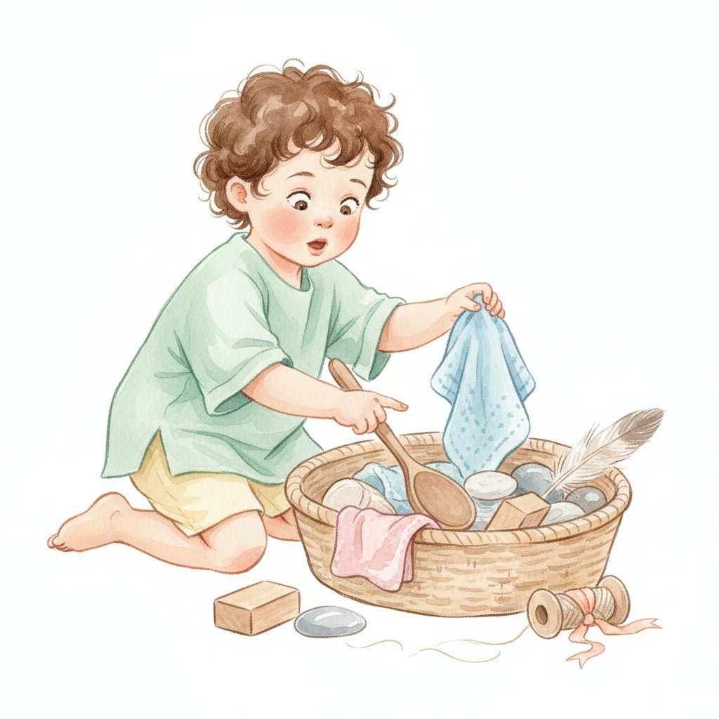 A curious toddler exploring a basket of everyday objects