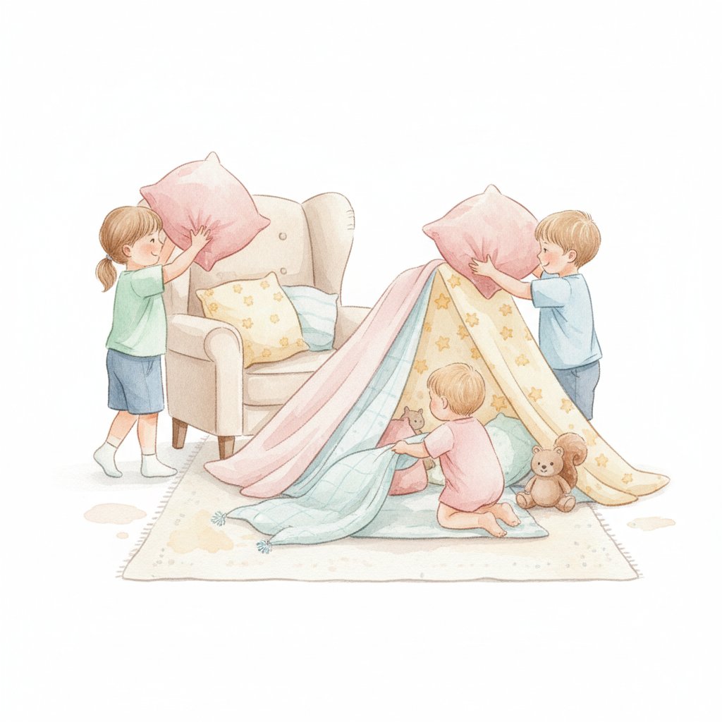 preschoolers building an indoor pillow-and-blanket camping tent in the living room