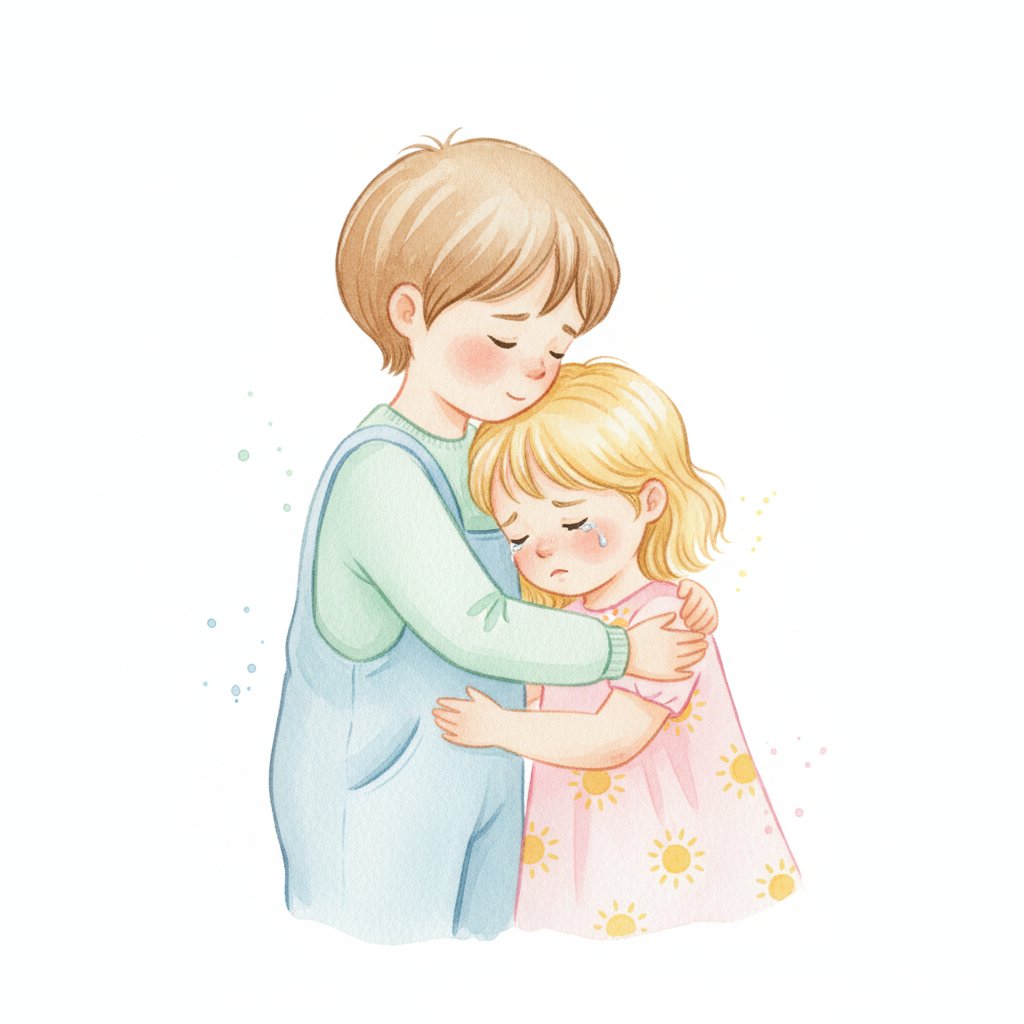 A young child comforting and hugging a sad friend