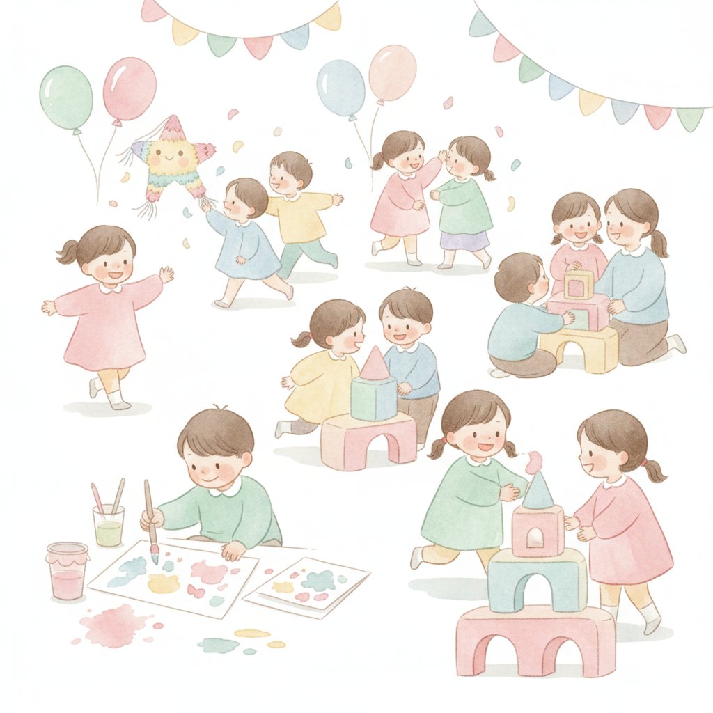 Young children moving happily between birthday party activity stations