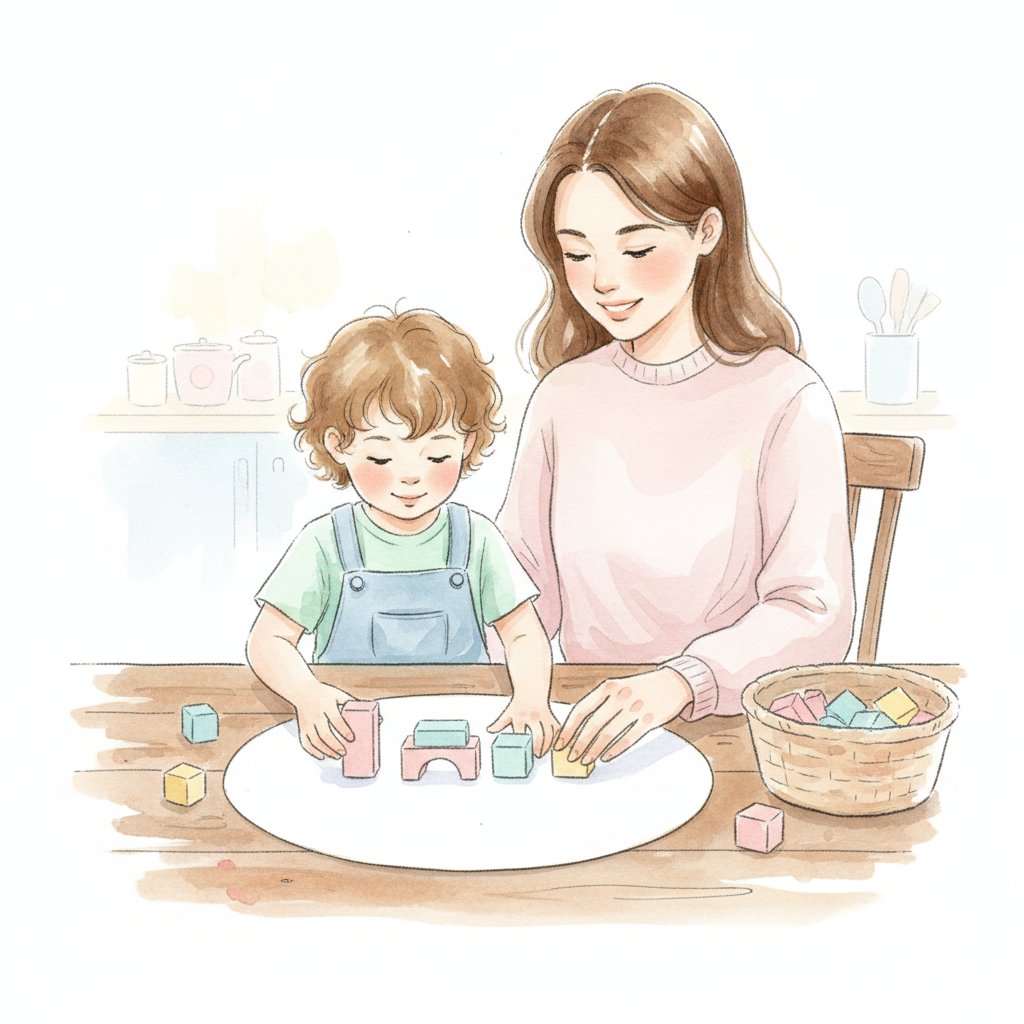 Watercolor illustration of a parent and child building a pattern with blocks at the kitchen table
