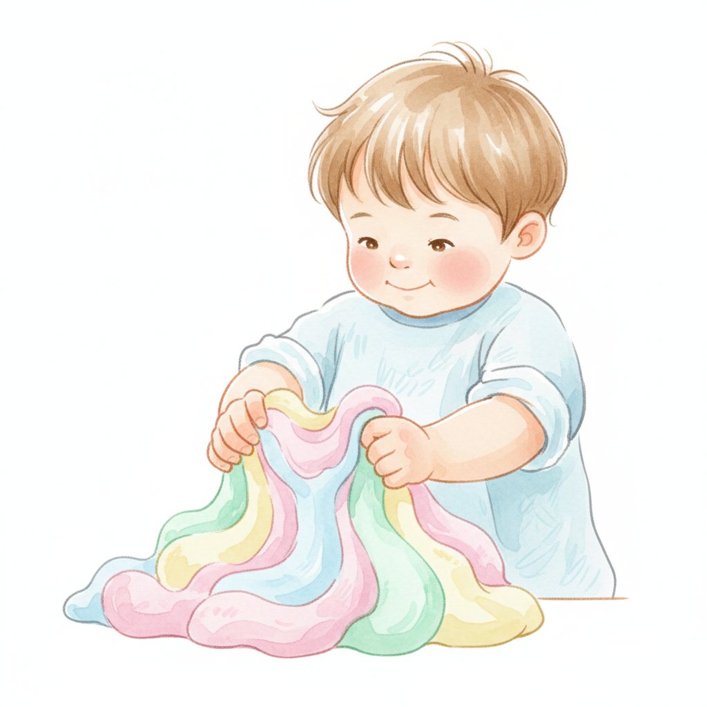 A child squeezing and pinching colorful playdough with both hands