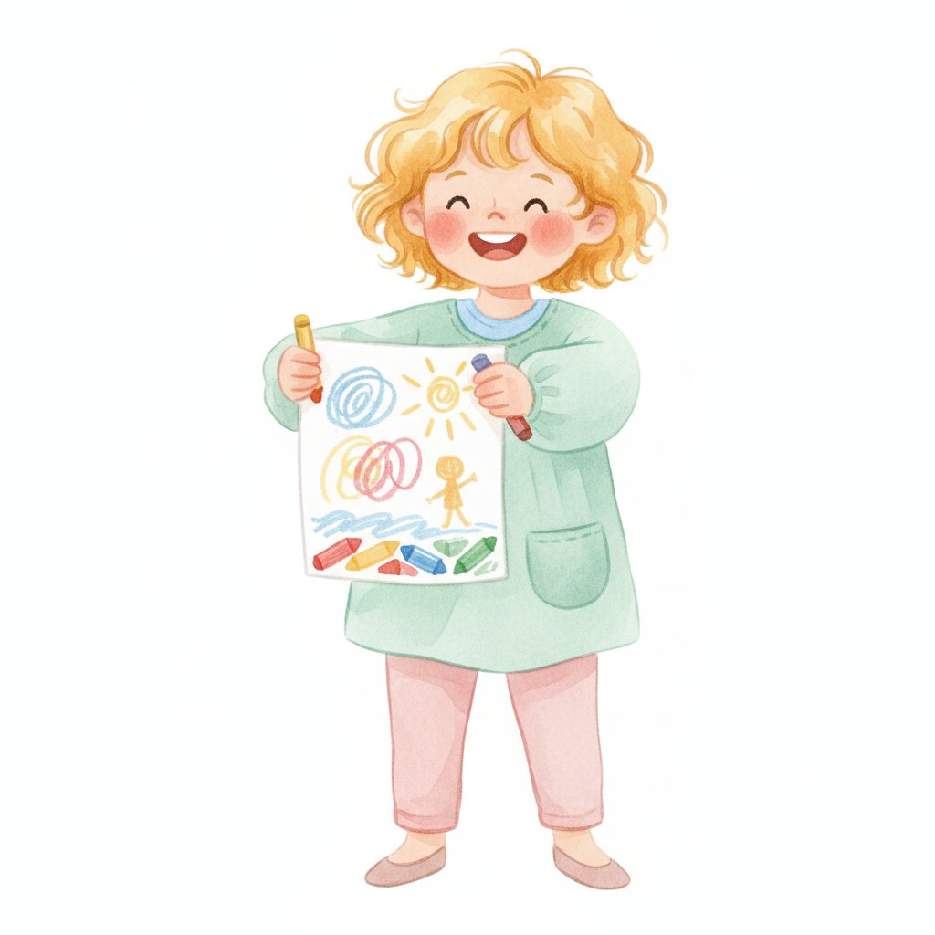 A young child proudly holding up their crayon drawing