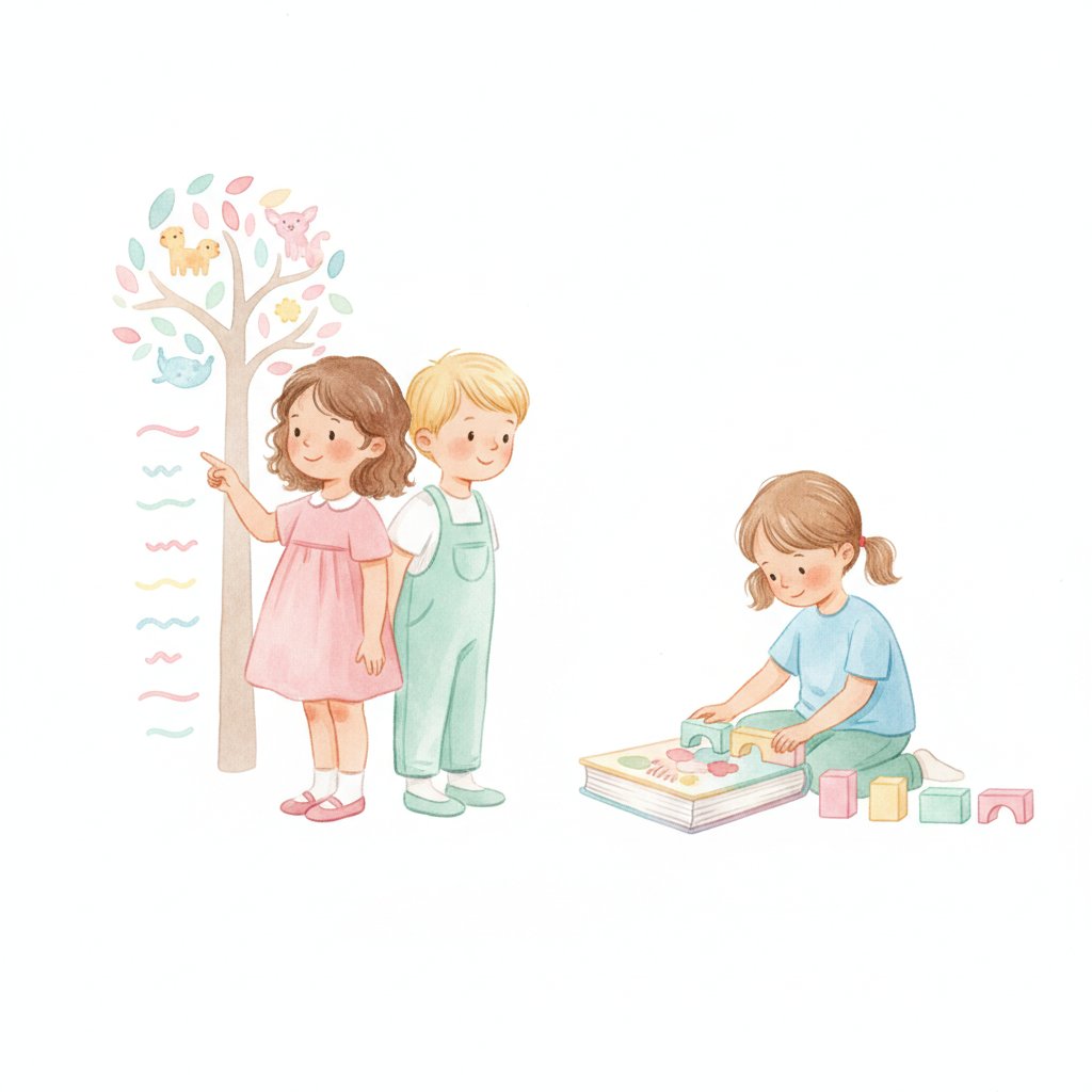 Children comparing heights on a growth chart and measuring a book with blocks