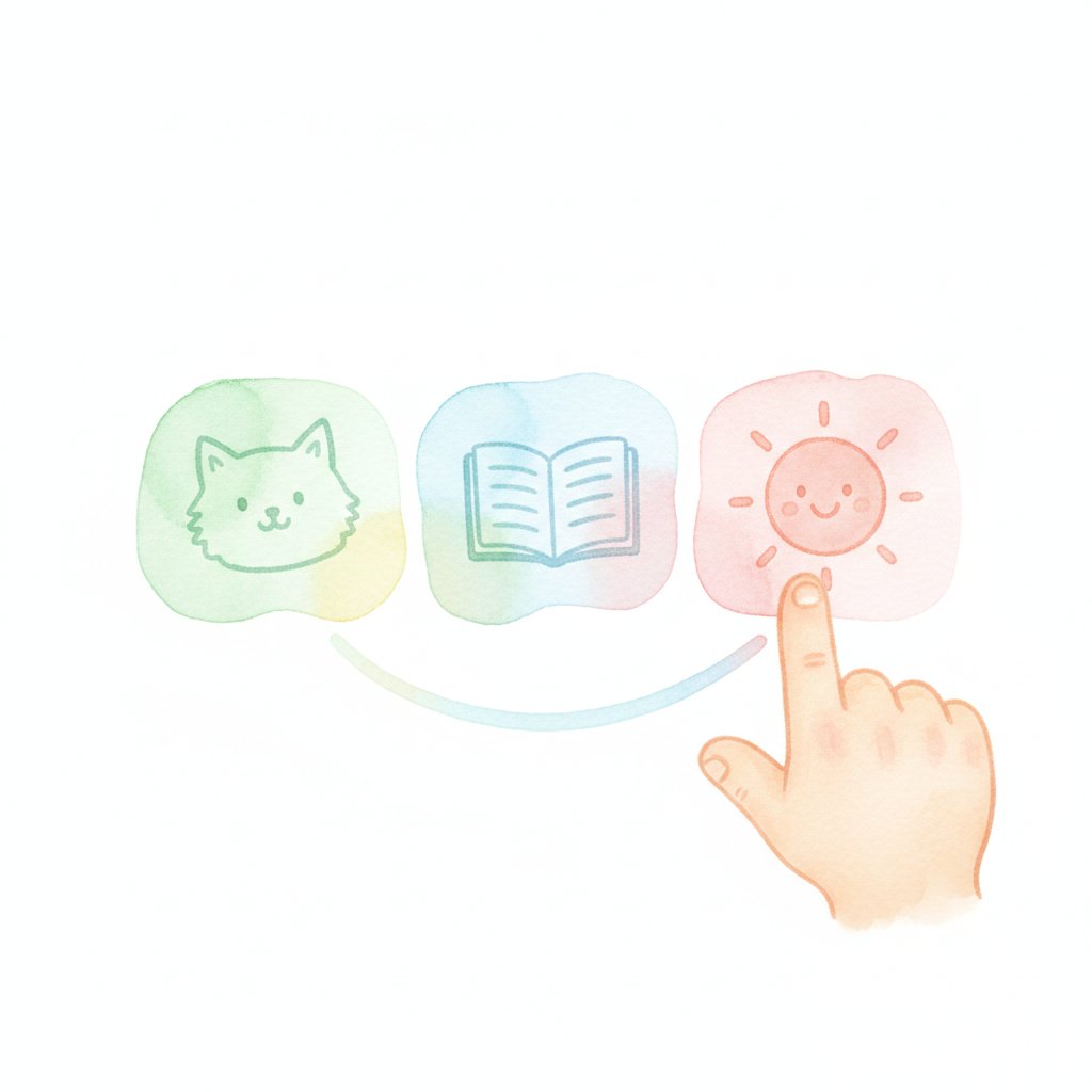 A young child sliding a finger under three picture cards in a row to blend sounds into a word
