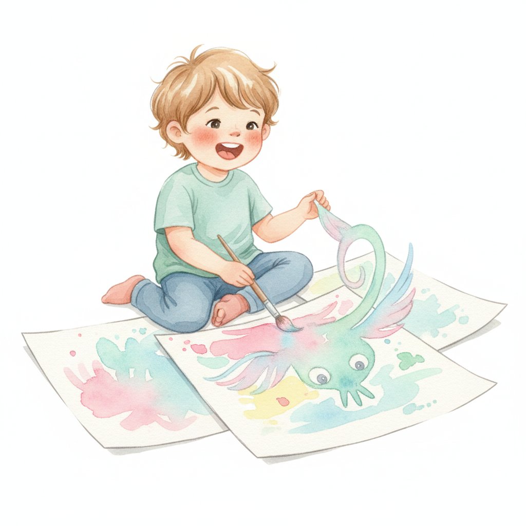 Watercolor illustration of a child turning a paint spill into a creative picture