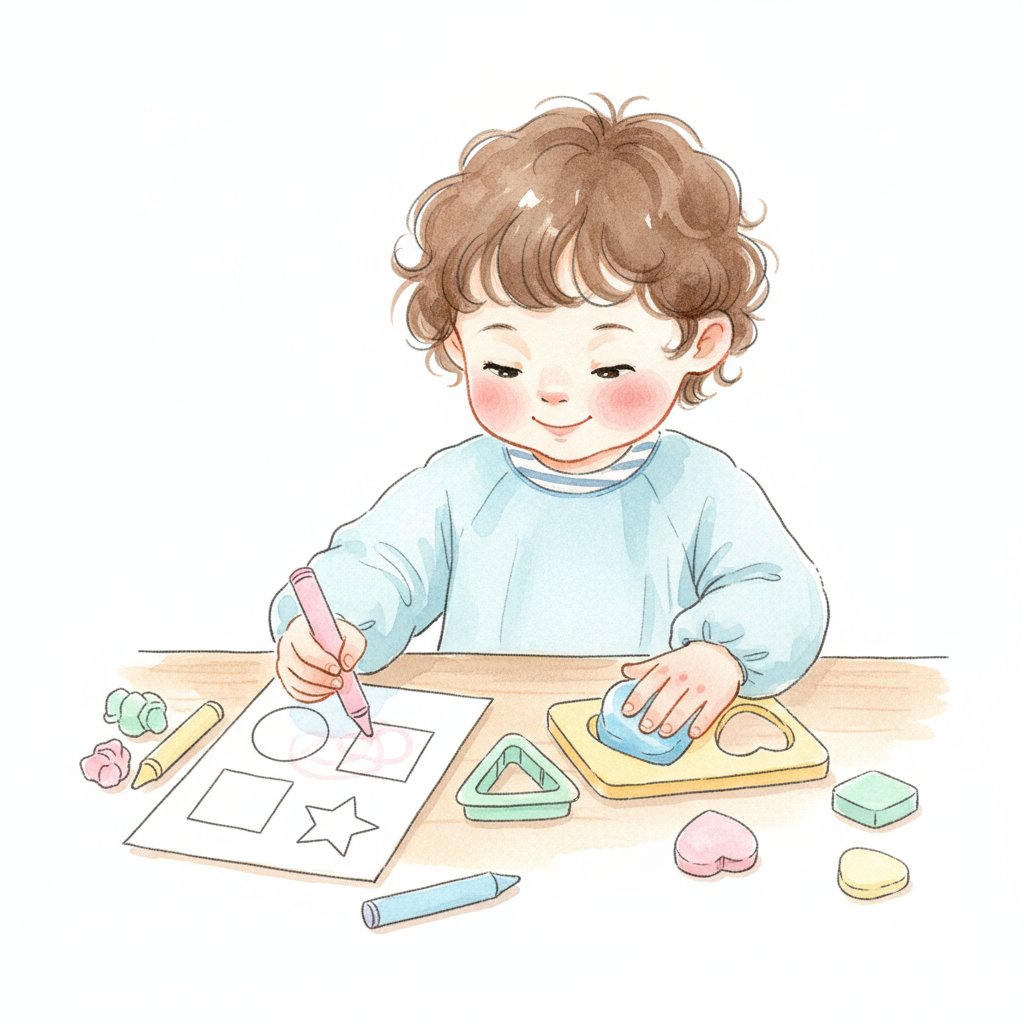 Child tracing shapes and shaping playdough at a table