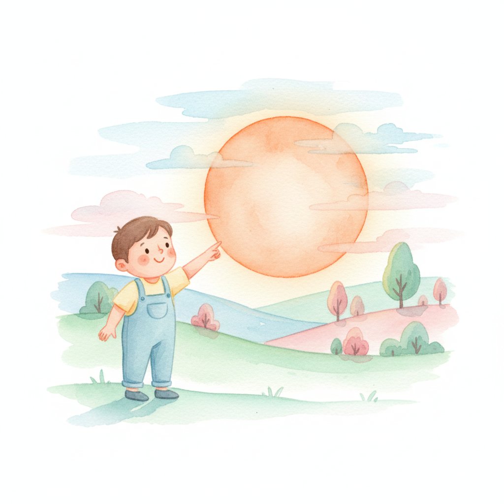 Child pointing at a huge orange full moon at dusk