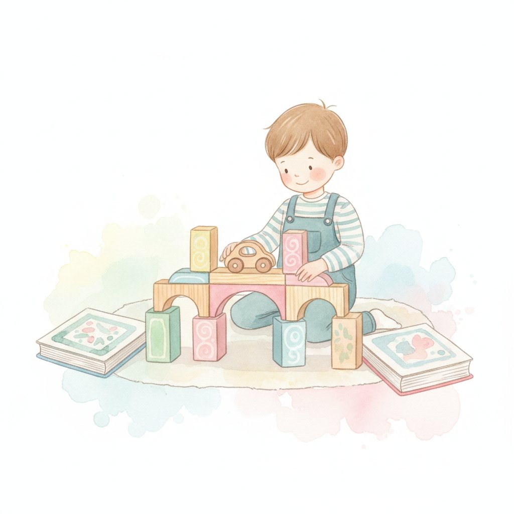 A young child building a block bridge between two books with a toy car