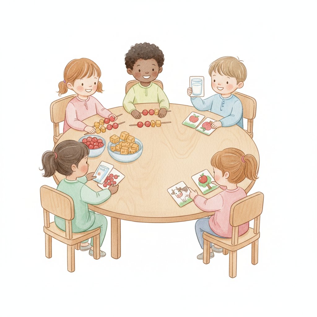 Children threading a pattern of berries and cheese onto a skewer and matching food-source cards