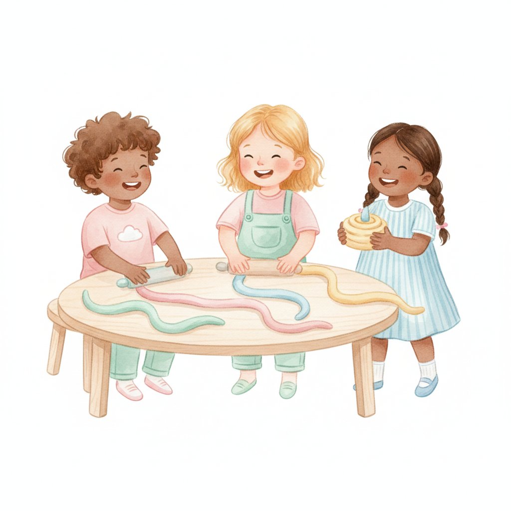 Watercolor illustration of children rolling playdough snakes on a table