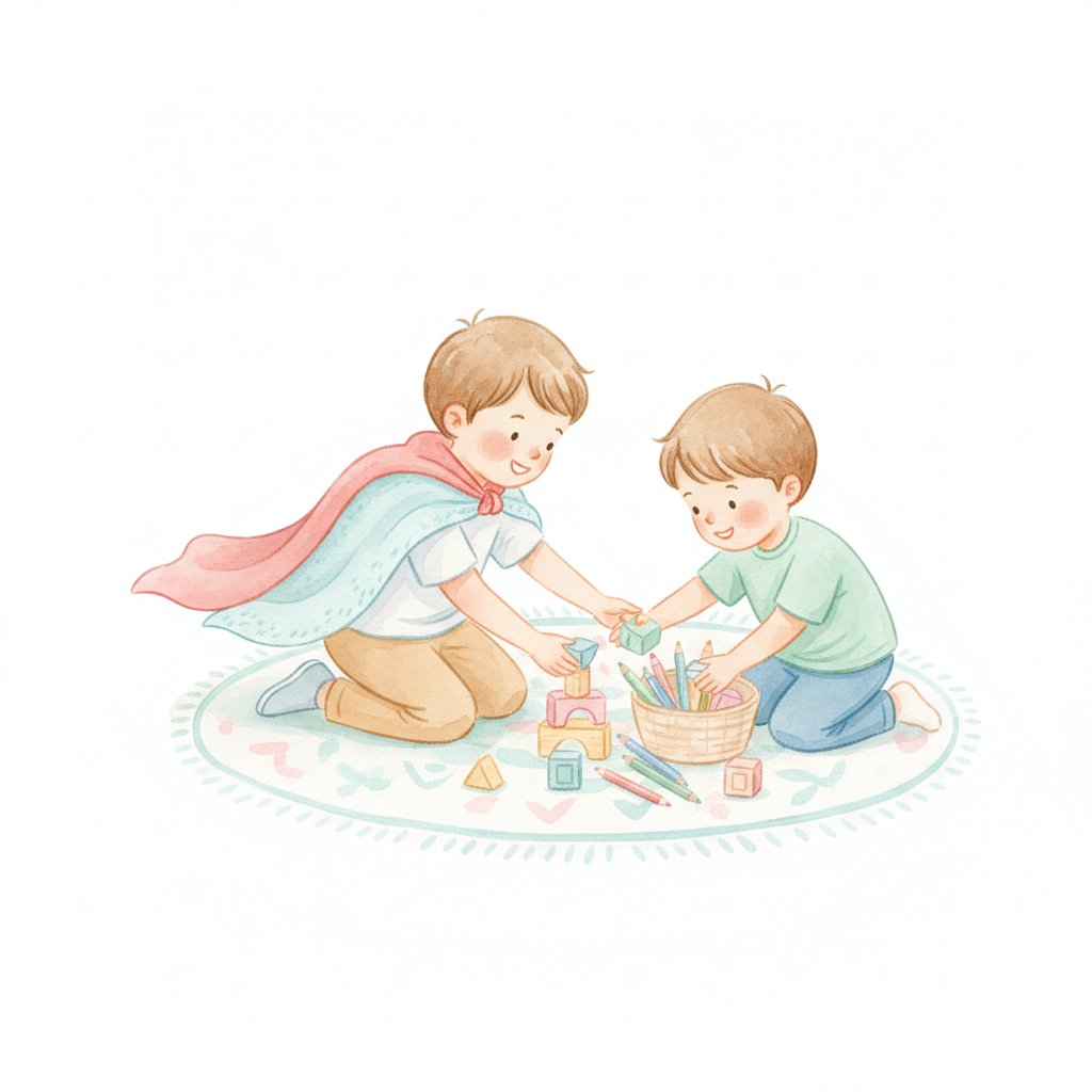 A child in a cape helping a classmate pick up crayons