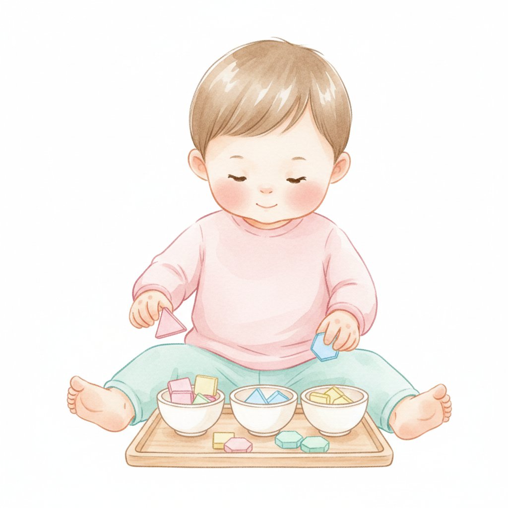 Watercolor illustration of a toddler sorting pattern blocks by color into bowls on a tray