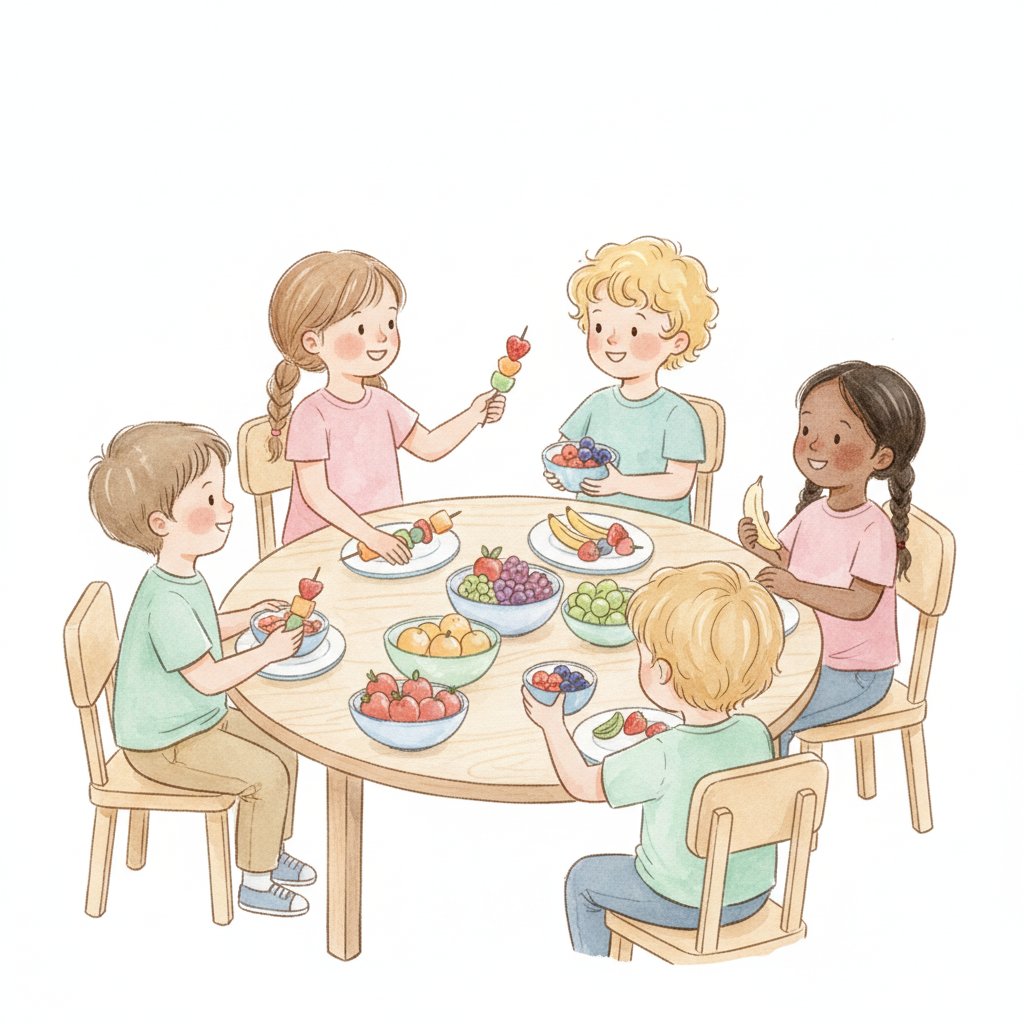 Watercolor illustration of preschoolers sharing a snack at a table, passing fruit skewers and offering food to each other