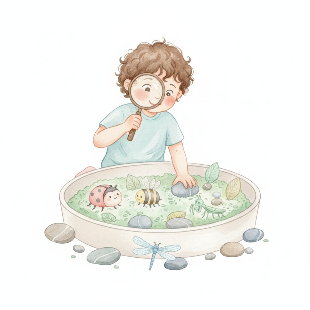 A child searching for toy bugs in a sensory bin with a magnifying glass
