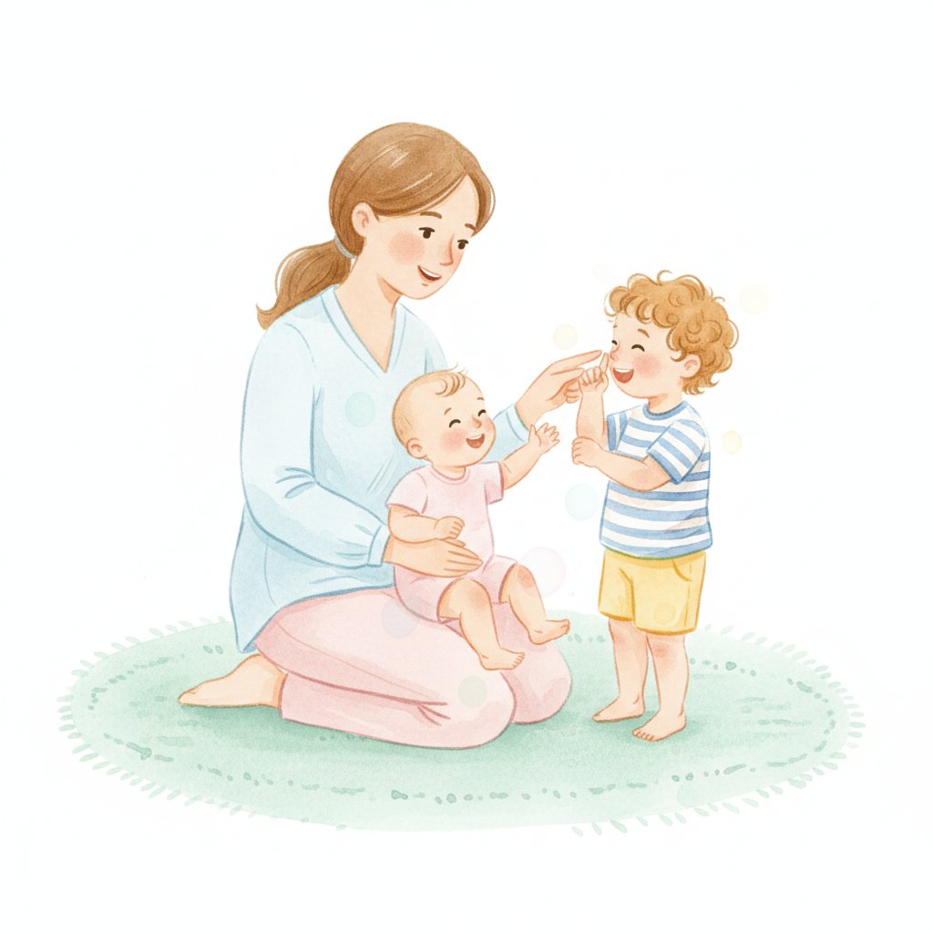 a caregiver gently naming body parts with a smiling baby and toddler