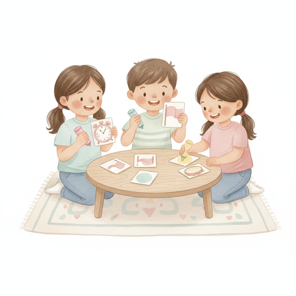 Cheerful children playing a bingo-style picture-card blend game