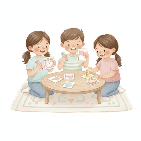 Watercolor illustration of cheerful children playing a bingo-style picture-card phonics game