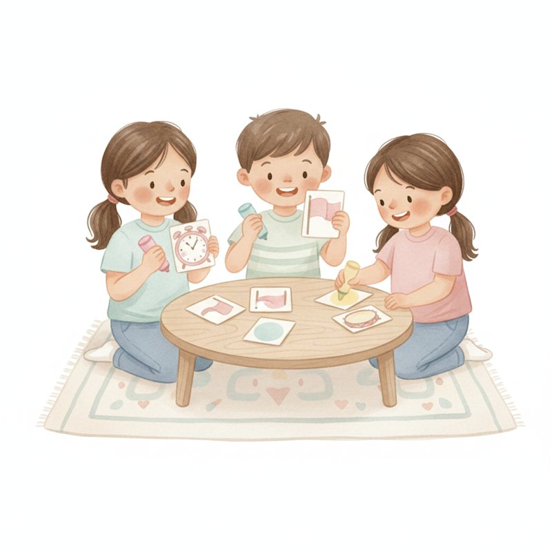 Watercolor illustration of cheerful children playing a bingo-style picture-card phonics game