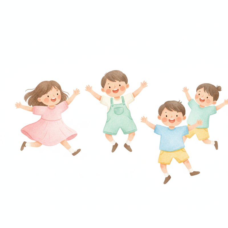 Watercolor of cheerful preschoolers dancing and moving energetically to music