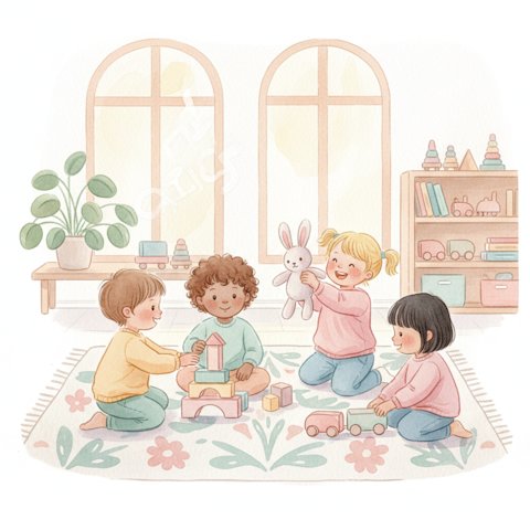 Watercolor of children playing with blocks and toys together without screens