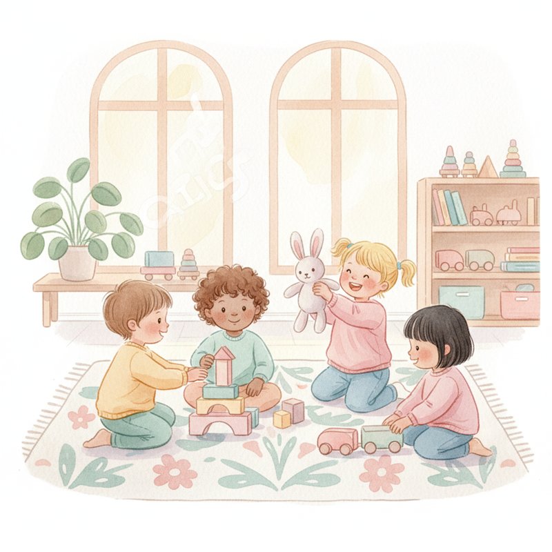Watercolor of children playing with blocks and toys together without screens