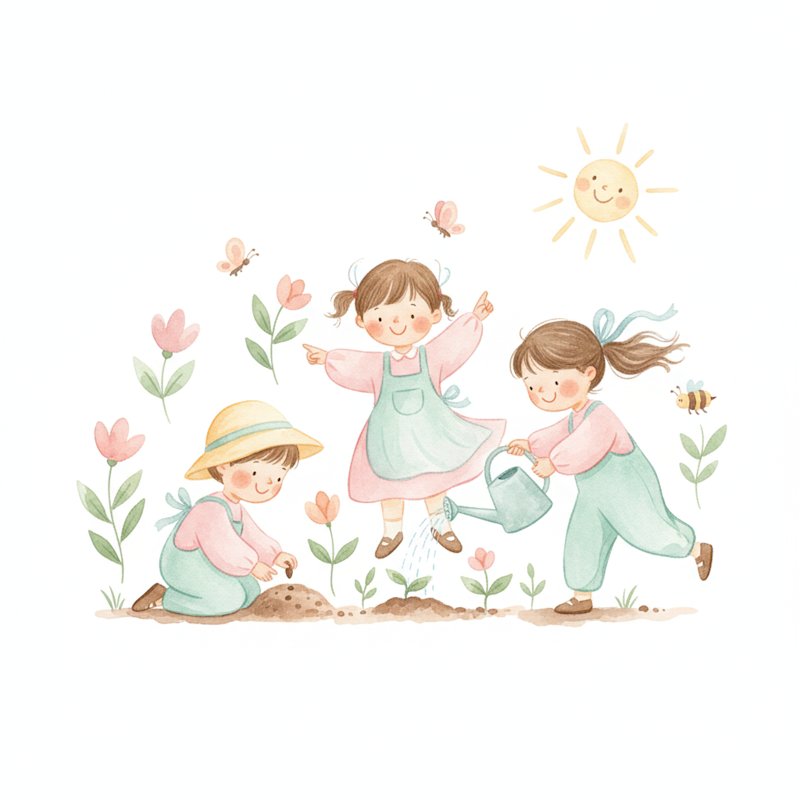 Watercolor of children planting seeds and watering sprouts in a garden