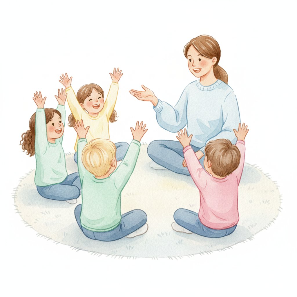 preschoolers raising hands eagerly during a cheerful circle time