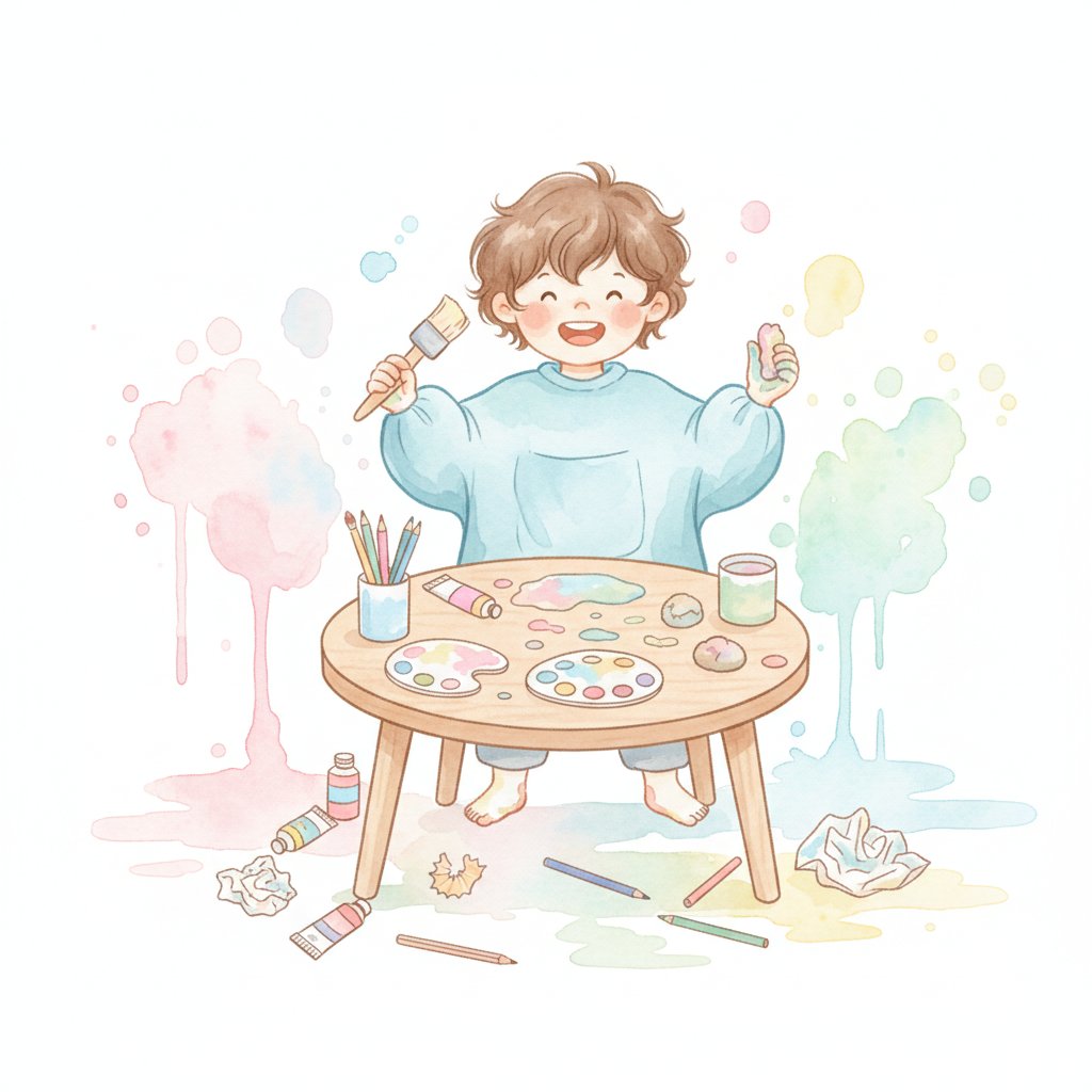 Child freely exploring art materials at a little art table