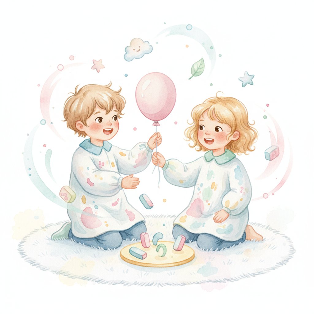 Young children doing a physics experiment with a balloon and magnets, soft watercolor