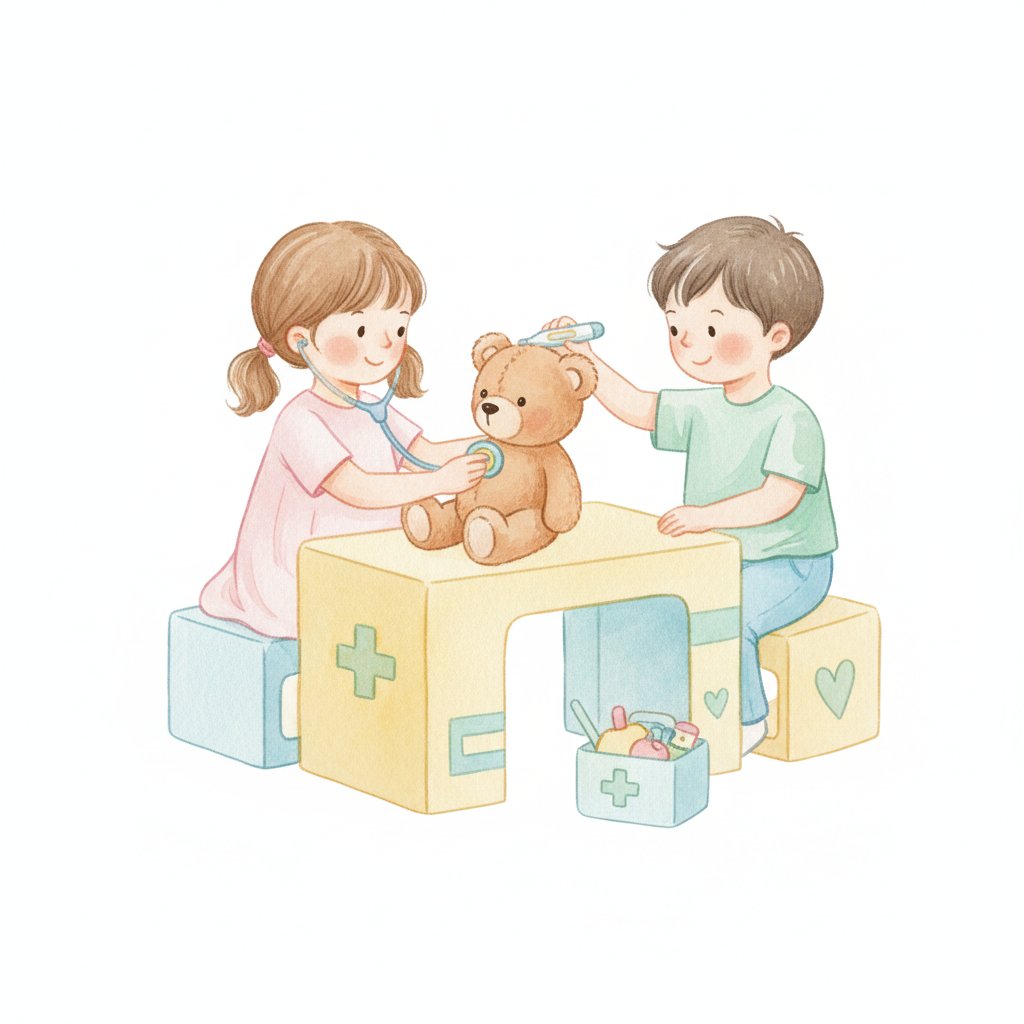 Children playing doctor and nurse checking a teddy bear patient