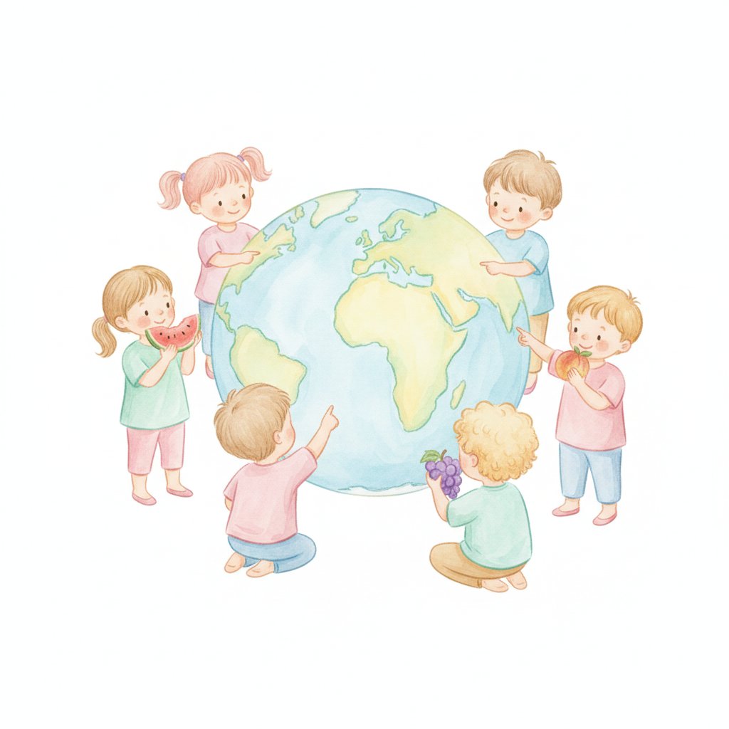 Watercolor of cheerful preschoolers around a globe pointing at countries and tasting fruits