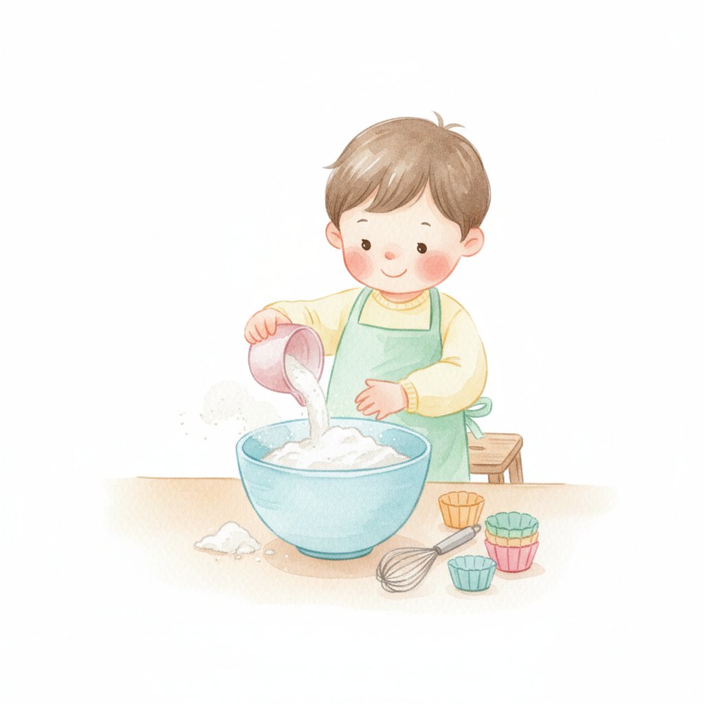 Child on a step stool measuring flour with a measuring cup to make muffins