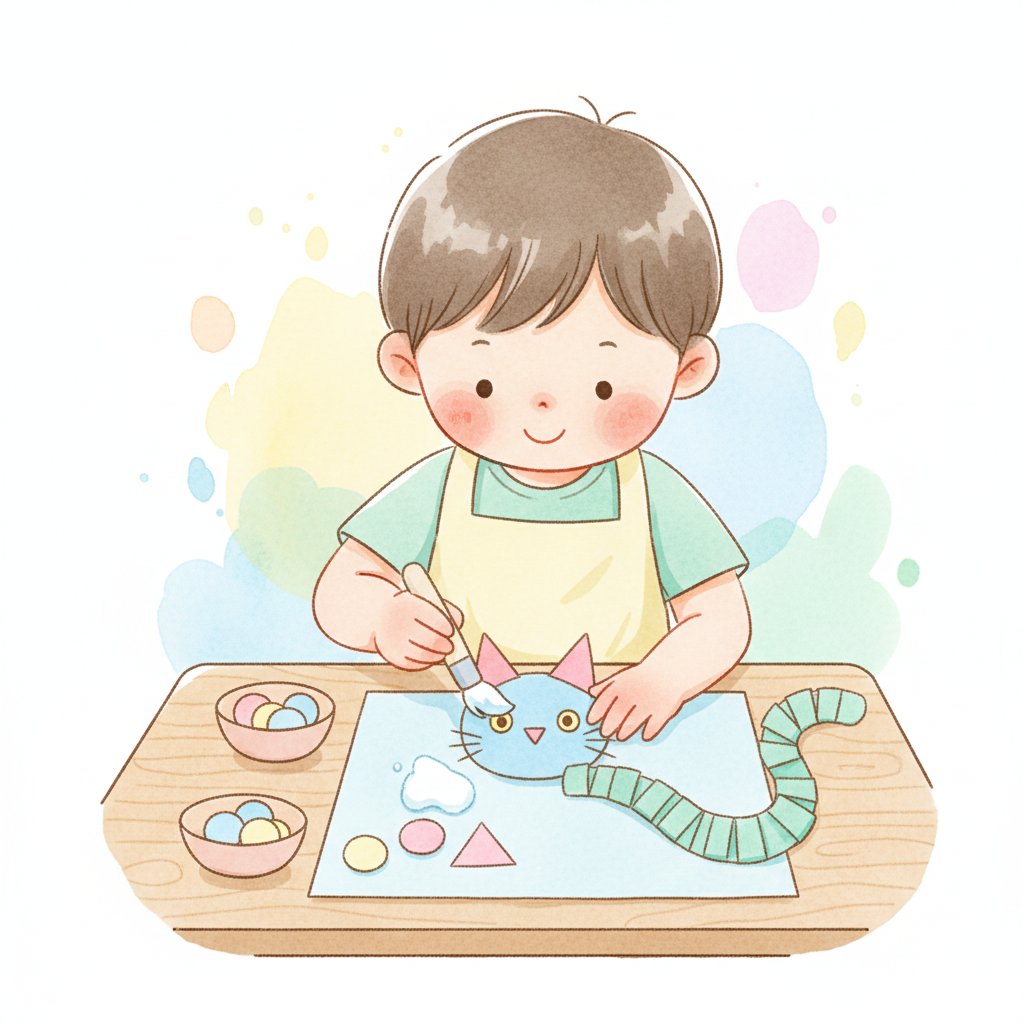 Watercolor illustration of a child making an animal from colorful paper shapes