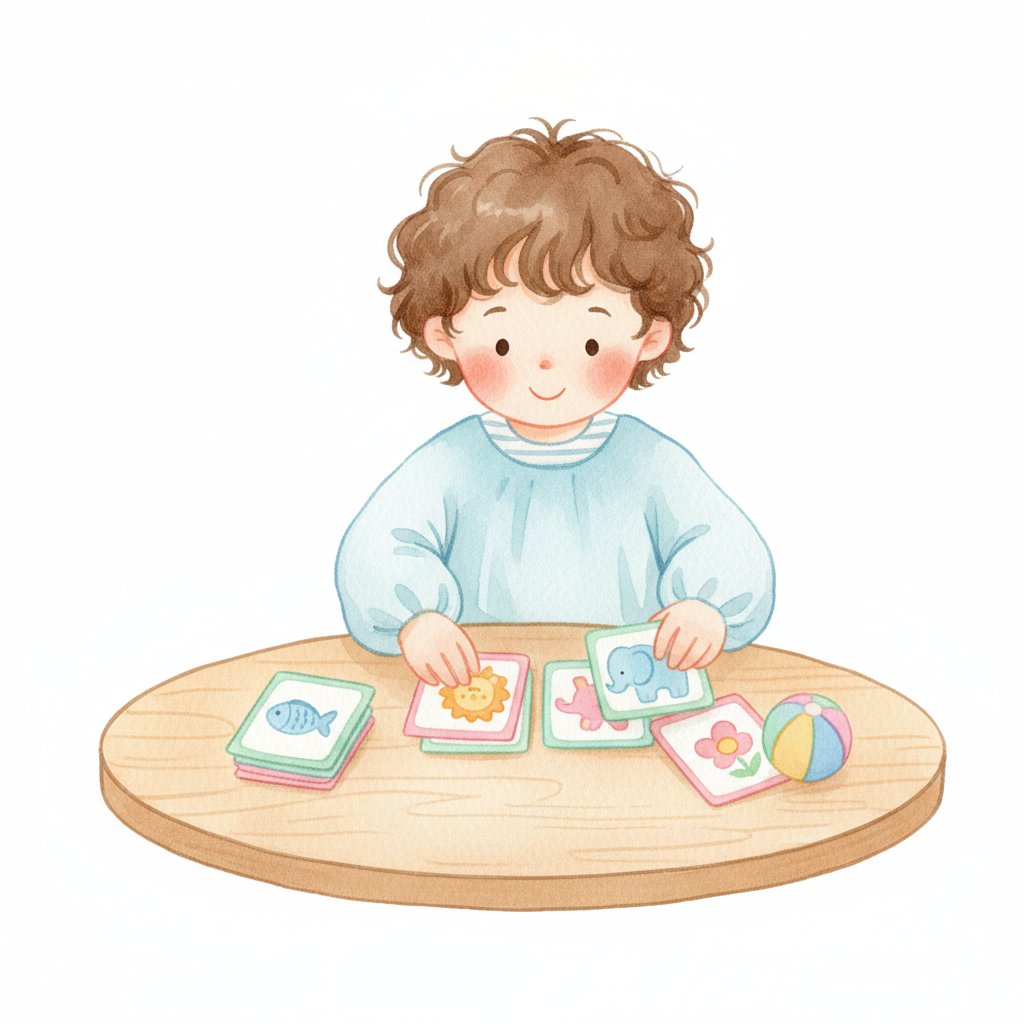 A cheerful child sorting picture cards into two separate piles on a table