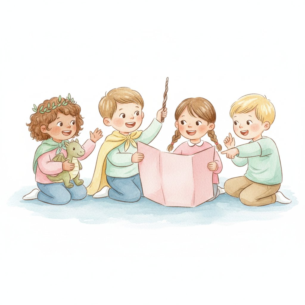 Children cooperatively acting out an imaginative story and negotiating roles together