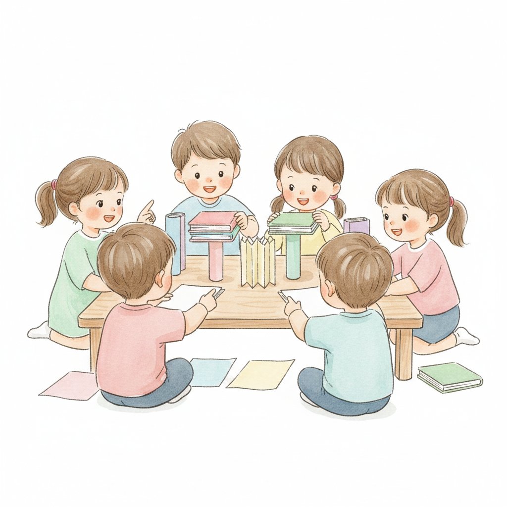 Children testing the strength of paper columns with stacked books