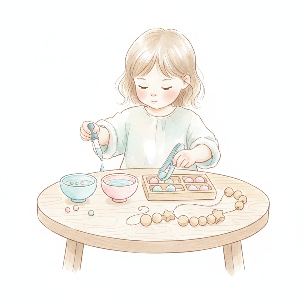 Child using a dropper and tweezers and stringing beads